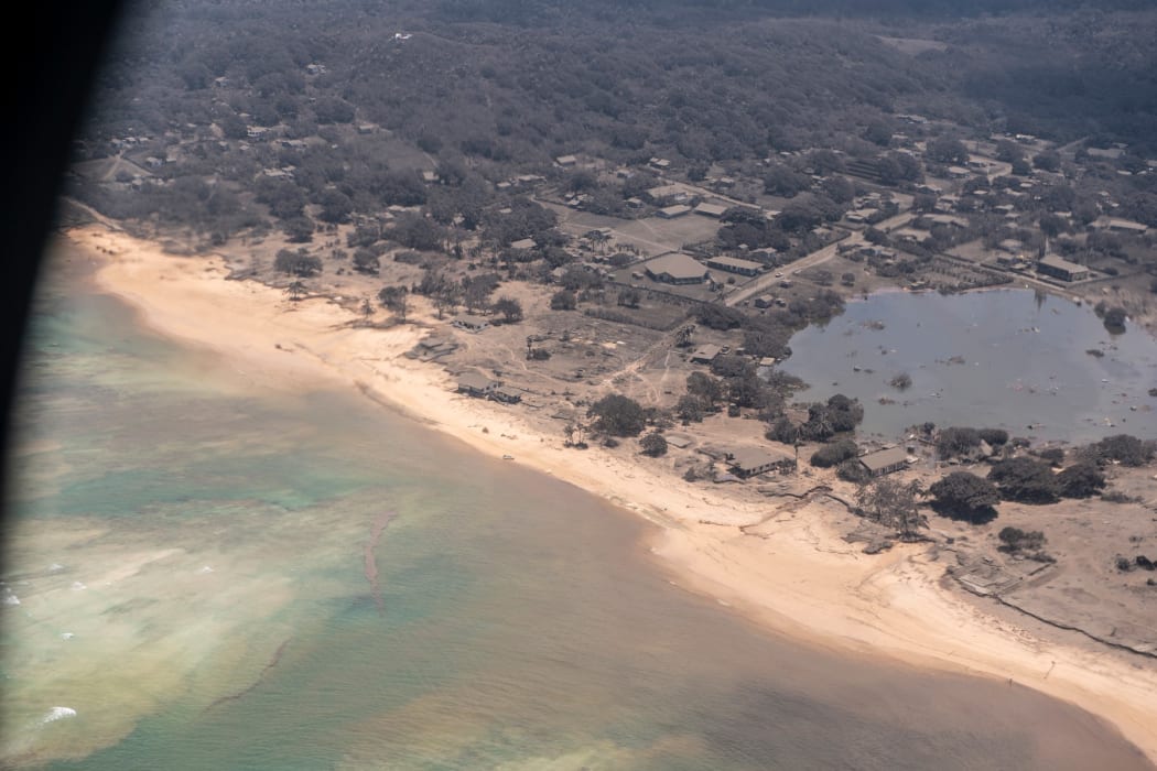 A view over an area of Tonga that shows the heavy ash fall from the recent volcanic eruption within the Tongan Islands.
