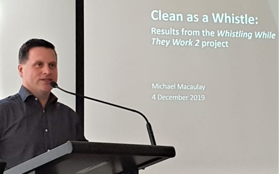 Michael Macaulay launches the 'Clean as a Whistle' report for Transparency International in December 2019.