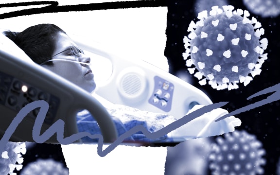 Composite of patient in hospital bed and virus particles