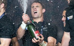 Dan Carter celebrates the All Blacks World Cup win at Twickenham.