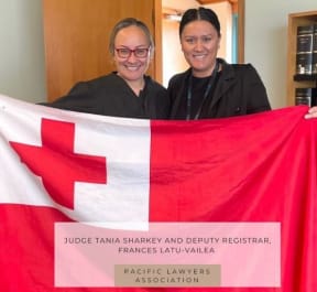 Deputy Registrar Frances Latu-Vailea, right, with Judge Tania Sharkey, celebrating Tongan Language Week at the Pukekohe District Court, pictured in Instagram post from the Pacific Lawyers Association in August 2024.