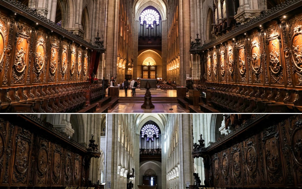 (COMBO) This combination of pictures created on November 29, 2024 shows the choir stalls of Notre-Dame Cathedral in Paris on 26 June, 2018 (TOP) and on 29 November, 2024 (BOTTOM).