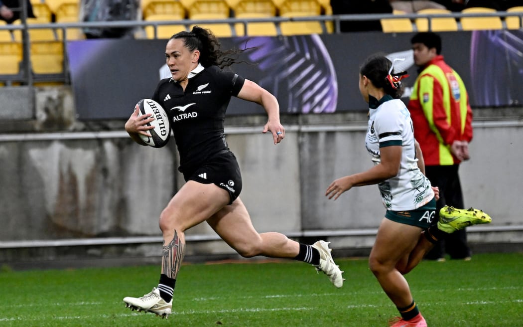 Portia Woodman-Wickliffe scores against the Wallaroos.