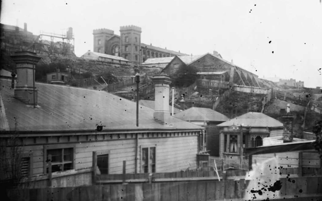 Mt Cook Gaol looms above Tasman Street from the current site of Wellington High School and Massey University's Wellington campus.