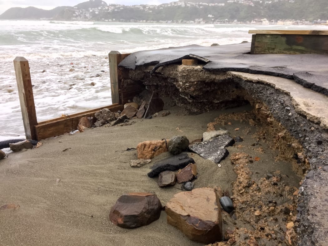 Erosion at a carpark at the eastern end of Wellington's Lyall Bay on 15 June 2015.