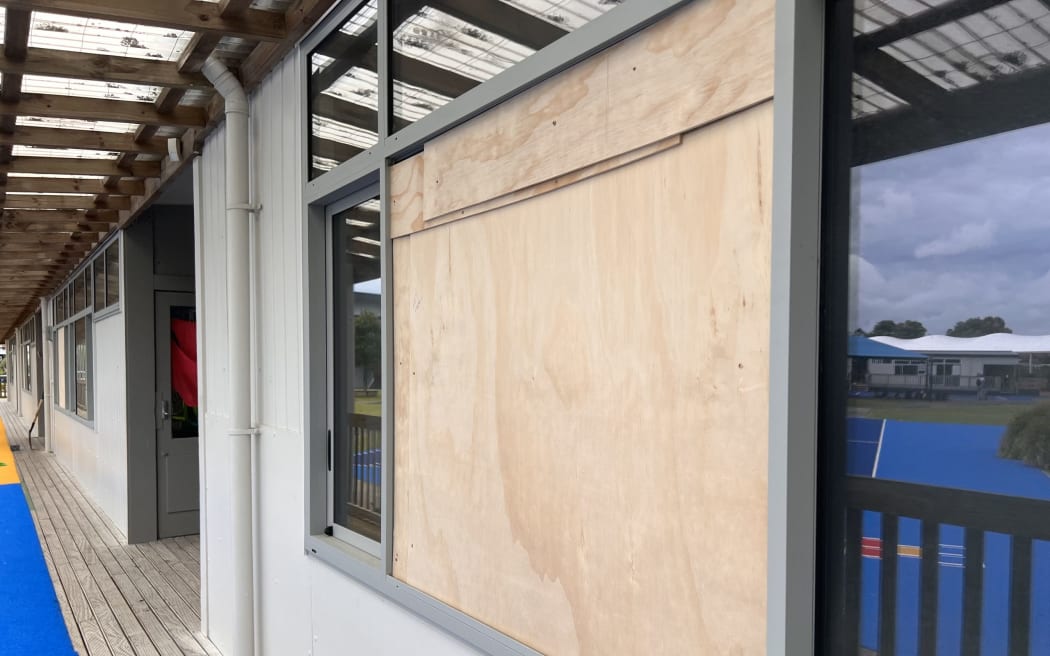 Students returned to Rongomai Primary school on Monday with classroom windows boarded up.