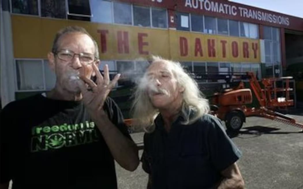 Dakta Green and Brian Borland outside the Daktory in West Auckland, which was raided in 2010.