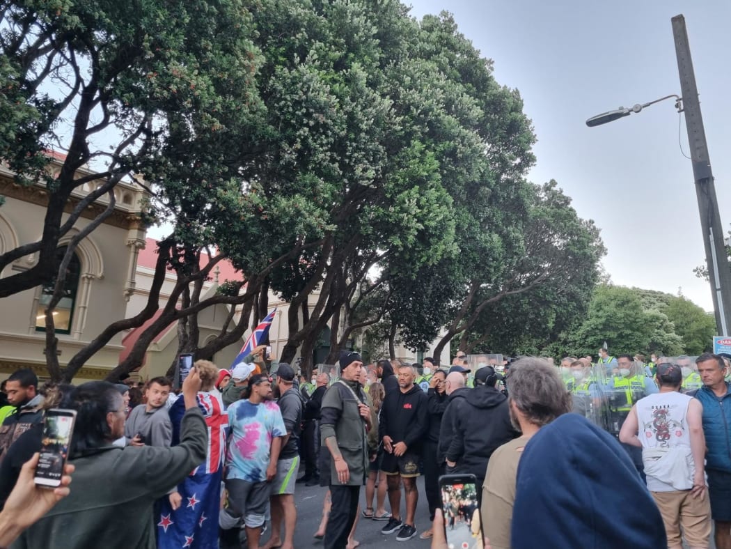 Protesters, including some who are filming the police, on day 15 of the protest at Parliament.