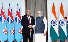 Fijian Prime Minister Sitiveni Rabuka, left, and Indian Prime Minister Narendra Modi. 26 August 2025