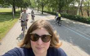 RNZ Morning Report producer Katie Fitzgerald on a bike ride in Korea.