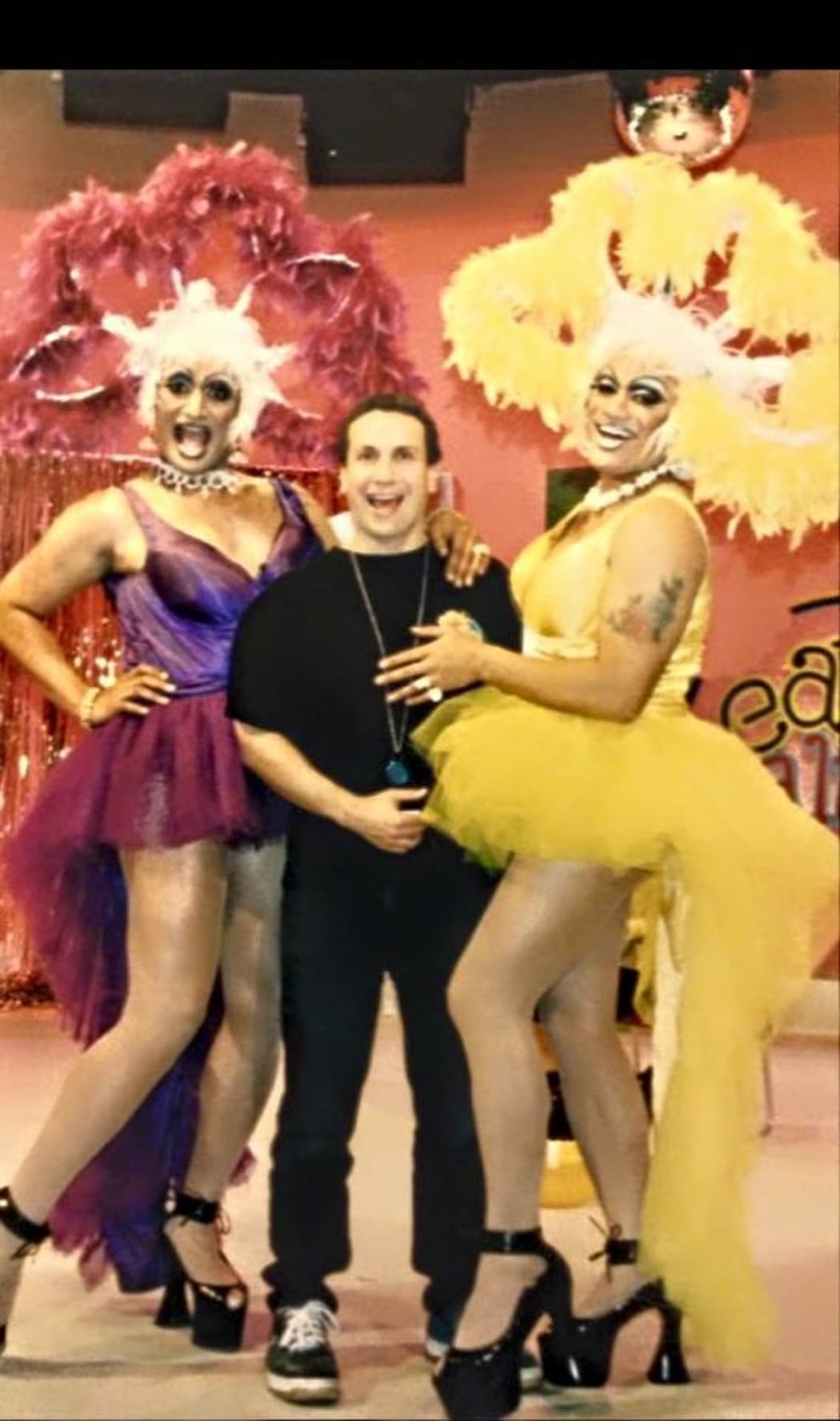 Bertha, Tagata Pasifika producer Stephen Stehlin and Buckwheat on the set of the "Eaten Alive" game show in 1998