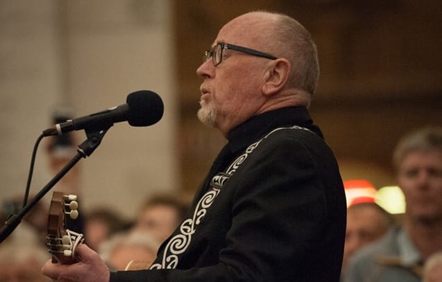 Dave Dobbyn performs at the Last Post Ceremony at the Menin Gate in Ieper, Belgium