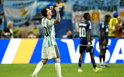 Argentina’s forward #10 Lionel Messi celebrates after winning the 2026 World Cup round of 32 football match between Argentina and Cape Verde at the Miami Stadium in Miami Gardens on July 3, 2026.  (Photo by CHANDAN KHANNA / AFP)