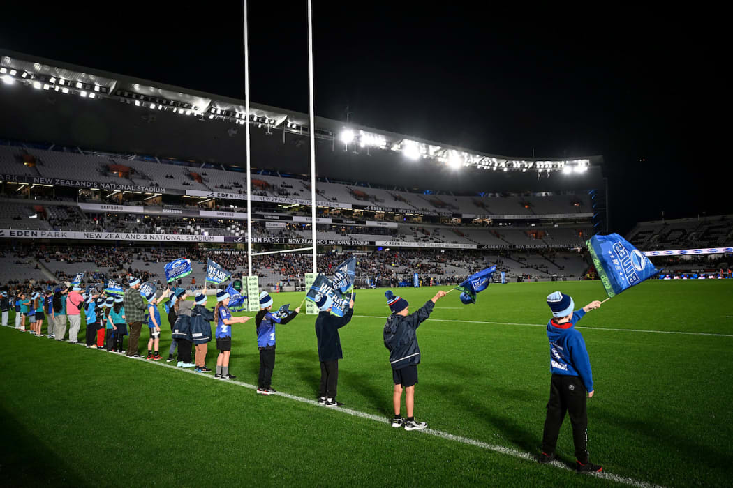 Blues flag bearers. Blues v ACT Brumbies, Semi final round of the Super Rugby Pacific competition at Eden Park, Auckland, New Zealand on Friday 14 June 2024. © Photo: Andrew Cornaga / Photosport