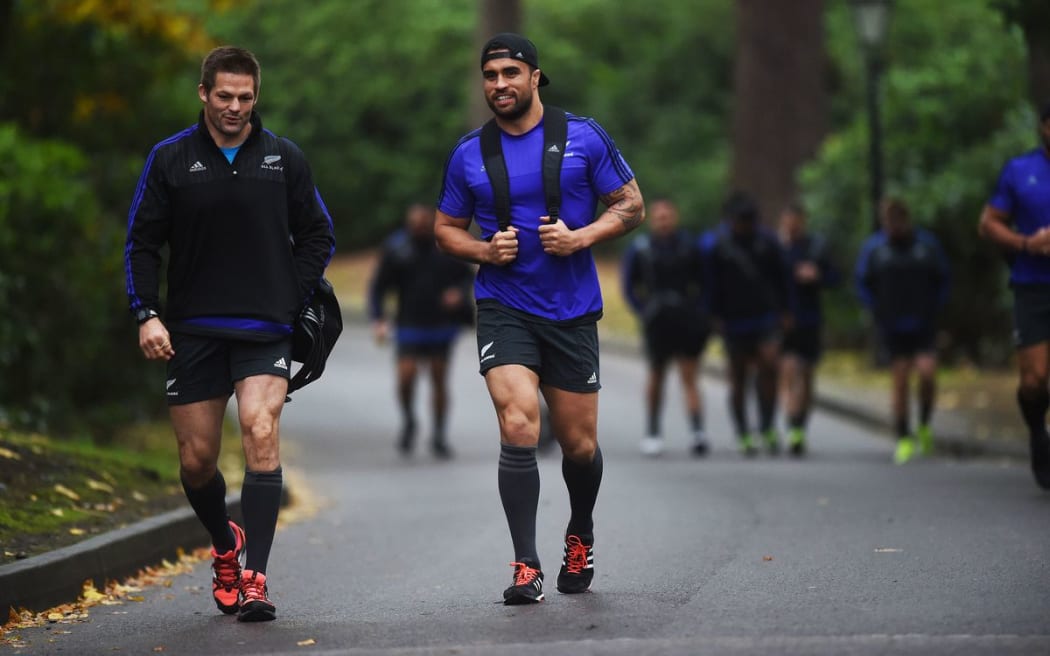 Richie McCaw and Liam Messam arrive for the final All Blacks training session ahead of the Rugby World Cup final at the Pennyhill Park Hotel, Bagshot, London. Thursday 29 October 2015. Copyright photo: Andrew Cornaga / www.photosport.nz
