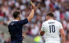 England captain Owen Farrell is given a yellow card for a high tackle during his side's match against Wales.  The card was upgraded to a red by the 'Bunker'.