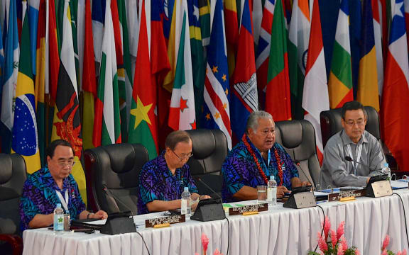 The United Nations Secretary General Ban Ki-moon with the Samoan Prime Minister Tuilaepa Sailele Malielegaoi at the SIDS conference in Samoa.