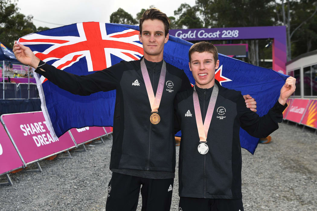 New Zealand's Samuel Gaze and team mate Anton Cooper. Cycling - Mountain Biking. Nerang Mountain Bike Trails. Commonwealth Games, Gold Coast, Australia. Thursday 12 April 2018. © Copyright photo: Andrew Cornaga / www.photosport.nz
