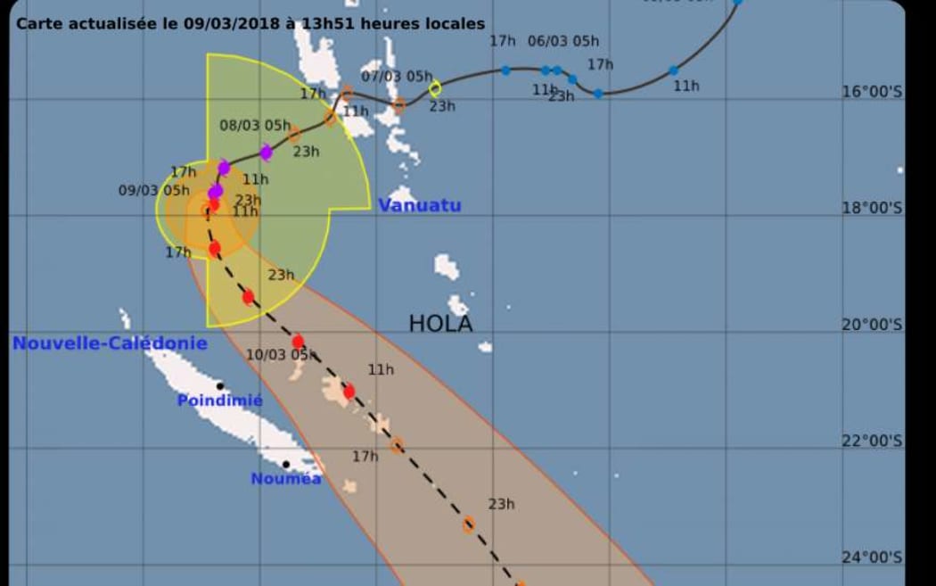 A forecast track map on Friday night showed the path of Cyclone Hola, now a category two, passing through New Caledonia's Loyalty Islands.