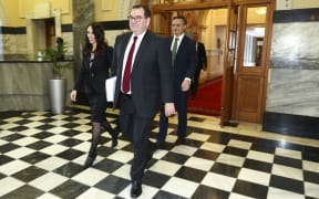 WELLINGTON, NEW ZEALAND - MAY 14: L to R: Prime Minister Jacinda Ardern, Finance Minister Grant Robertson and Greens leader James Shaw walk to the house during Budget 2020 delivery day at Parliament May 14, 2020 in Wellington, New Zealand.