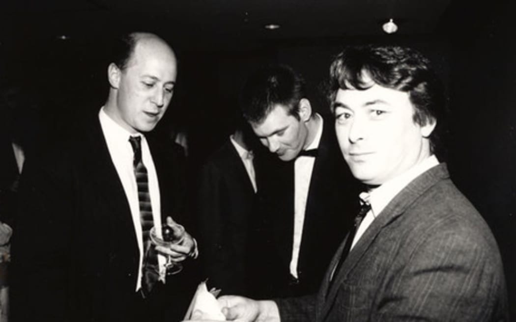 Simon Grigg, Roger Shepherd and Doug Hood at the Apra Silver Scroll. Photograph taken at the Powerstation, Auckland, in the late 1980s.