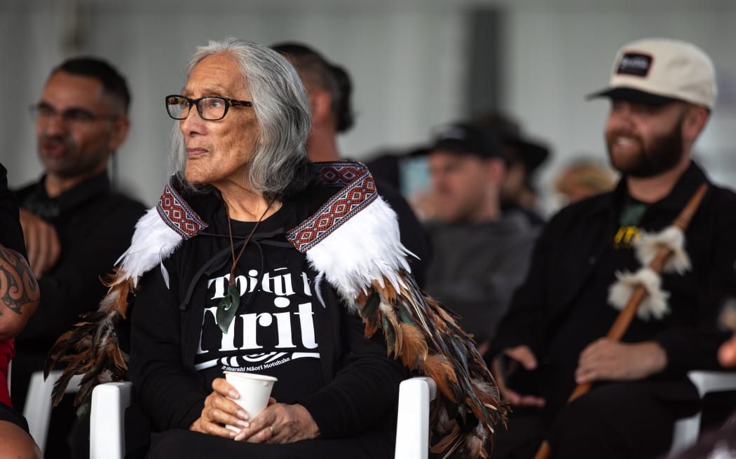 A kuia wearing a 'Toitu te Tirit' tshirt sits in the auidence at the Waitangi Forum Tent, February 2025.