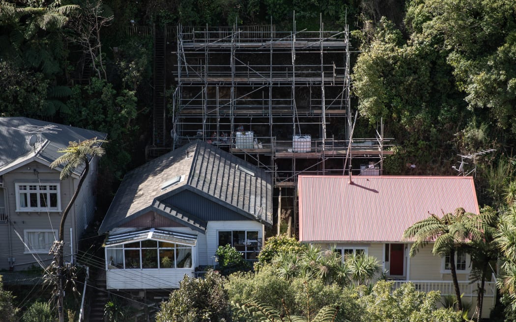 Gillian Parnham's house in the Wellington suburb of Northland, near the Botanical Gardens, where her backyard is on a 45-degree hill.