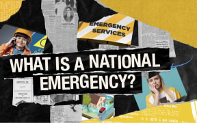 A title of "What is a national emergency?" Picture of a child in a hard hat, a concerned woman, and news articles.