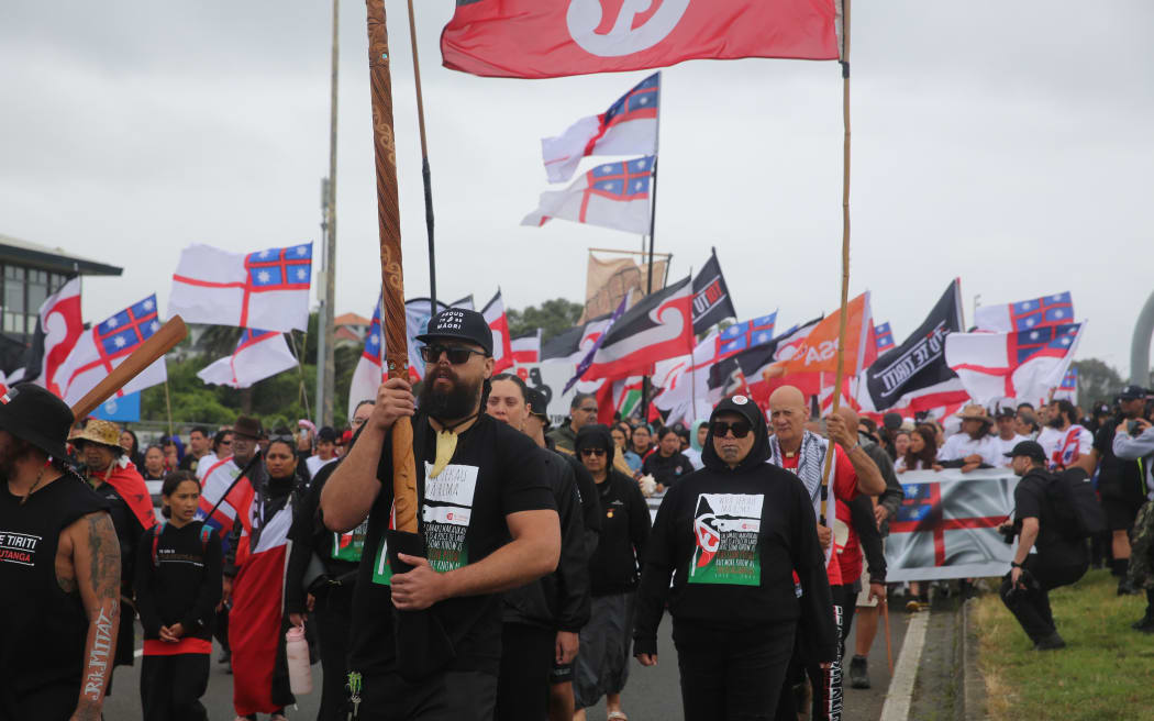 Hīkoi mō Te Tiriti prepare to descend on Aucklands Harbour Bridge.