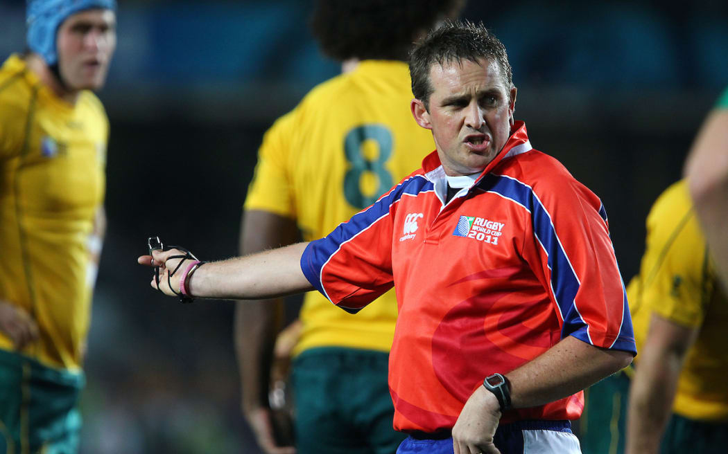 Referee Bryce Lawrence makes a call during the Australia v Ireland Pool C match of the 2011 IRB Rugby World Cup. Eden Park, Auckland, New Zealand. Saturday 17 September 2011. Photo: Anthony Au-Yeung / photosport.co.nz