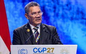 Tuvalu's Prime Minister Kausea Natano delivers a speech at the leaders summit of the COP27 climate conference in Sharm el-Sheikh, Egypt