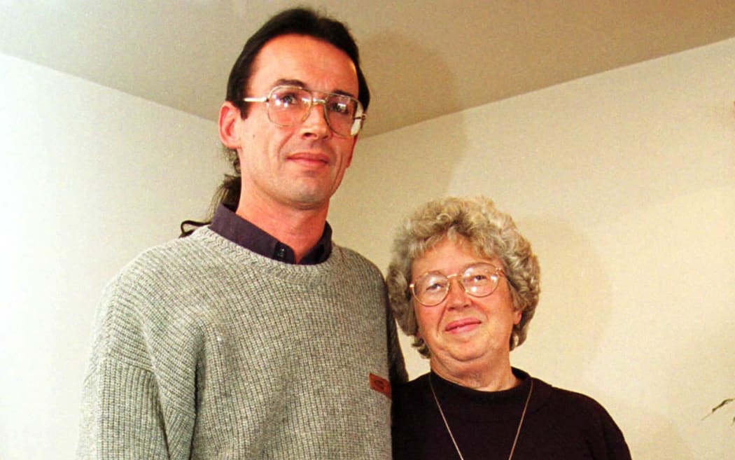 CHRISTCHURCH, NEW ZEALAND - FEBRUARY 02:  Convicted child molester Peter Ellis, who was released from Paparua Prison near Christchurch Wednesday morning, after serving seven years of a tenyear sentence, with his mother Leslie, at a press conference held in Christchurch.  (Photo by Paddy Dillon/Getty Images)