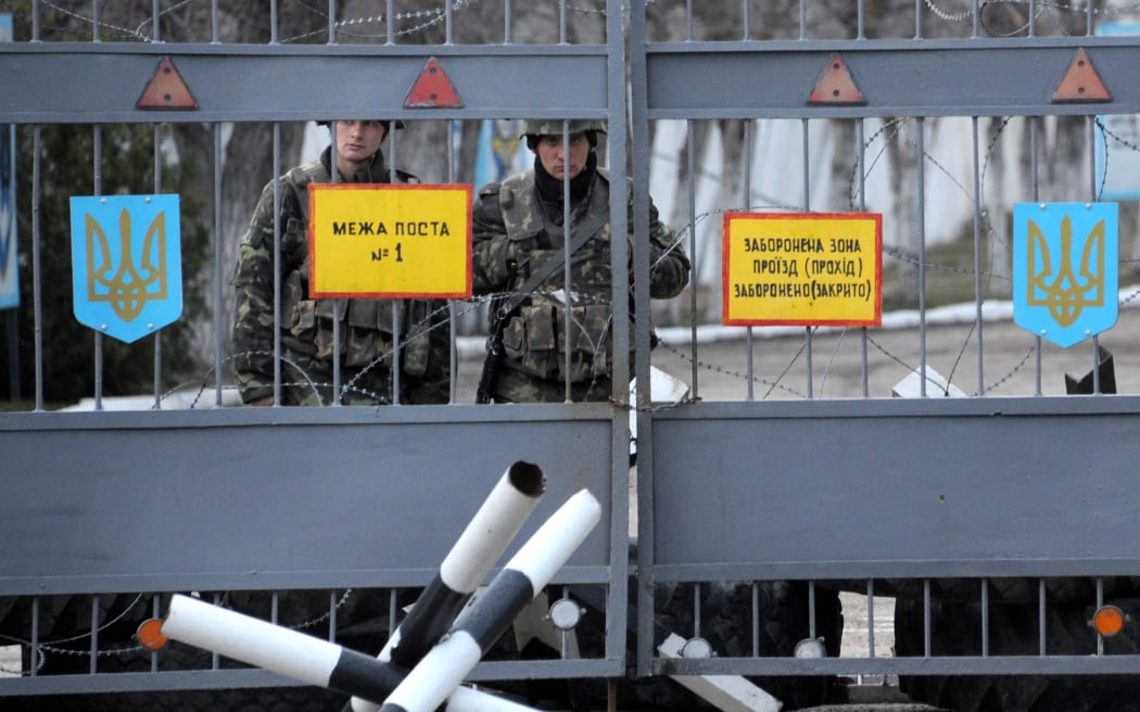 Ukrainian marines guard their base in the eastern Crimea's port city of Feodosiya.