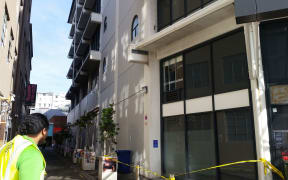 The evacuated ANZ building, with the flat vertical concrete panelling that is causing concern.