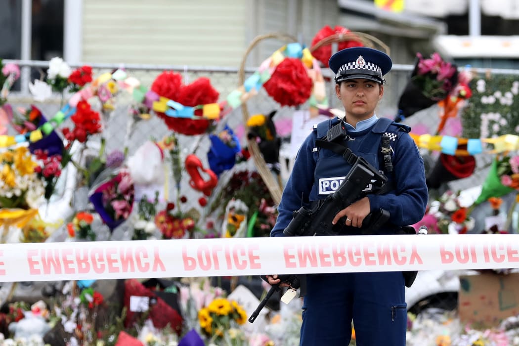 A policewoman stands guard outside the Linwood Mosque in Christchurch, New Zealand on March 21, 2019. New Zealand has banned the sale of assault rifles and semi-automatic weapons after the country's worst-ever attack that killed 50 people in two mosques last Friday, 15 March.  (Photo by Sanka Vidanagama/NurPhoto) (Photo by SANKA VIDANAGAMA / NurPhoto / NurPhoto via AFP)