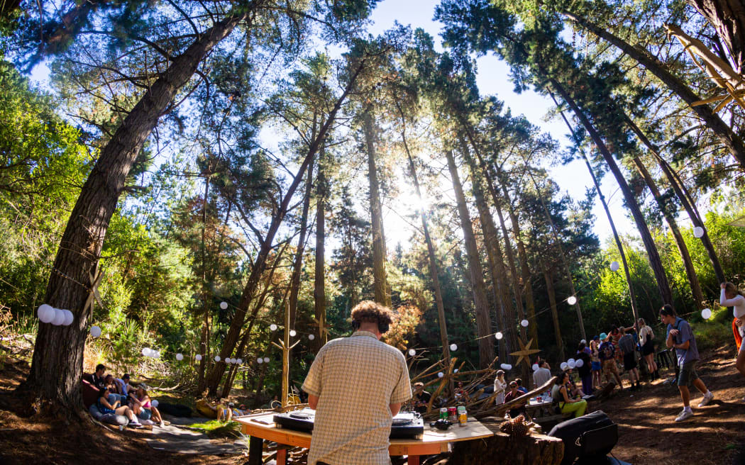 A DJ plays in a forest at Two Minds Festival in Spencerville, Christchurch.