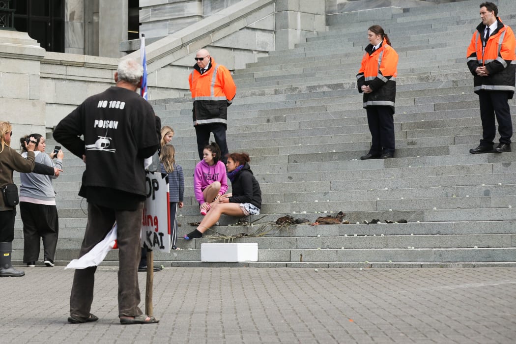 Protestors against the use of the poison 1080 placed dead birds on the steps of Parliament.