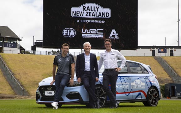 Hayden Paddon, Mayor Phil Goff and Rally NZ CEO Michael Goldstein at the launch of the WRC Rally New Zealand.
