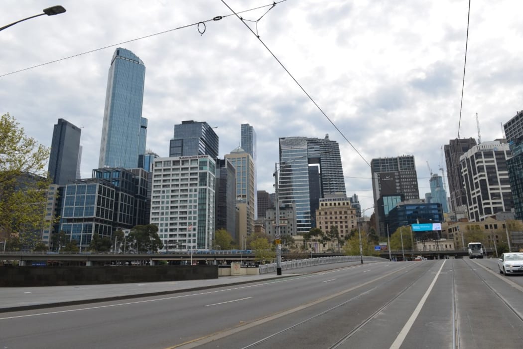 MELBOURNE, AUSTRALIA - SEPTEMBER 18: A deserted view from Melbourne city on September 18, 2020 in Melbourne, Australia. Streets, shopping malls, squares, parks and train stations in the city remain empty due to the Stage 4 restrictions and curfew from 9 p.m. to 5 a.m.
