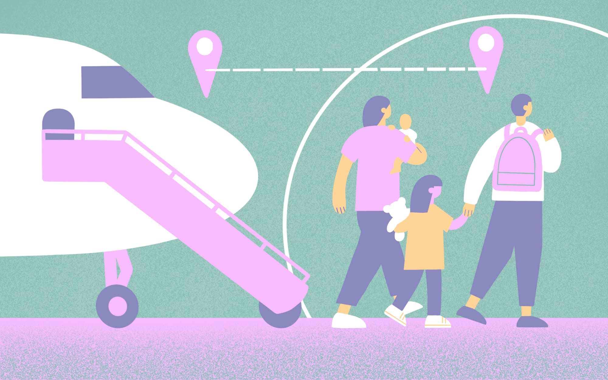 Stylised illustration of a family of four leaving a plane