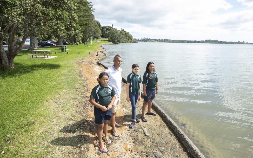 Maungatapu School students Kaida-Miharo Weti, principal Tane Bennett, Marlo Ririnui and Frankie Te Kani at Ōpūpū - Rotary Park.