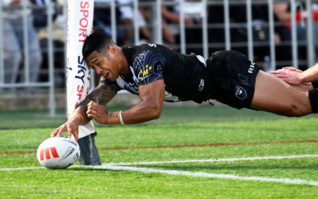 Jamayne Isaako of New Zealand gets a try during the Pacific Championships Cup Grand Final New Zealand v Australia. Hamilton, New Zealand, 4 November 2023. Andrew Cornaga / www.photosport.nz