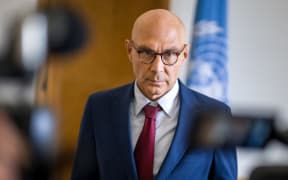 UN High Commissioner for Human Rights Volker Turk looks on during a statement at the United Nations Offices in Geneva, on September 16, 2025.