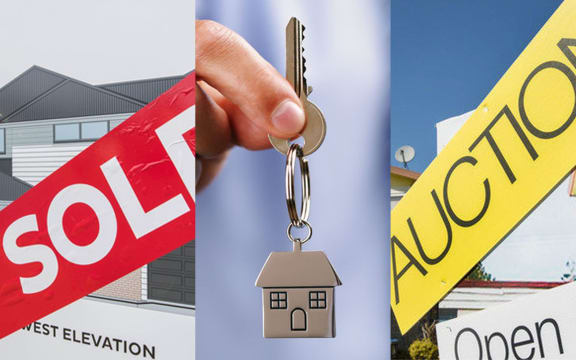 House sold sign, house auction sign, key.