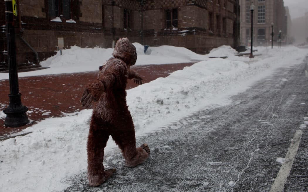 A pedestrian dressed as Bigfoot makes their way through the strong wind and snow in Boston.
