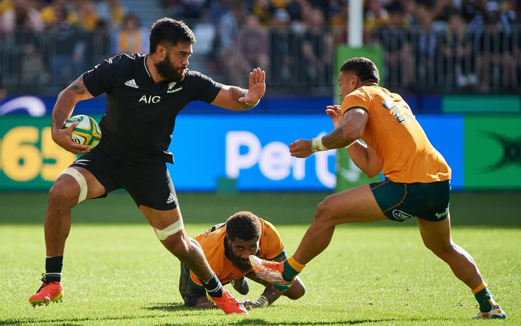 Akira Ioane of the All Blacks during the 3rd Bledisloe Cup test match at Optus Stadium between Australia v New Zealand All Blacks. Perth, Australia on Sunday 5th September 2021.