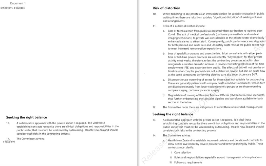 The redacted memo from Health Minister Simeon Brown (left), and the full memo from Health NZ.