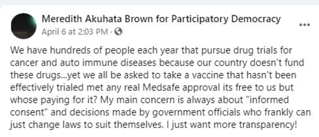 Meredith Akuhata-Brown's post to Facebook on 6 April.