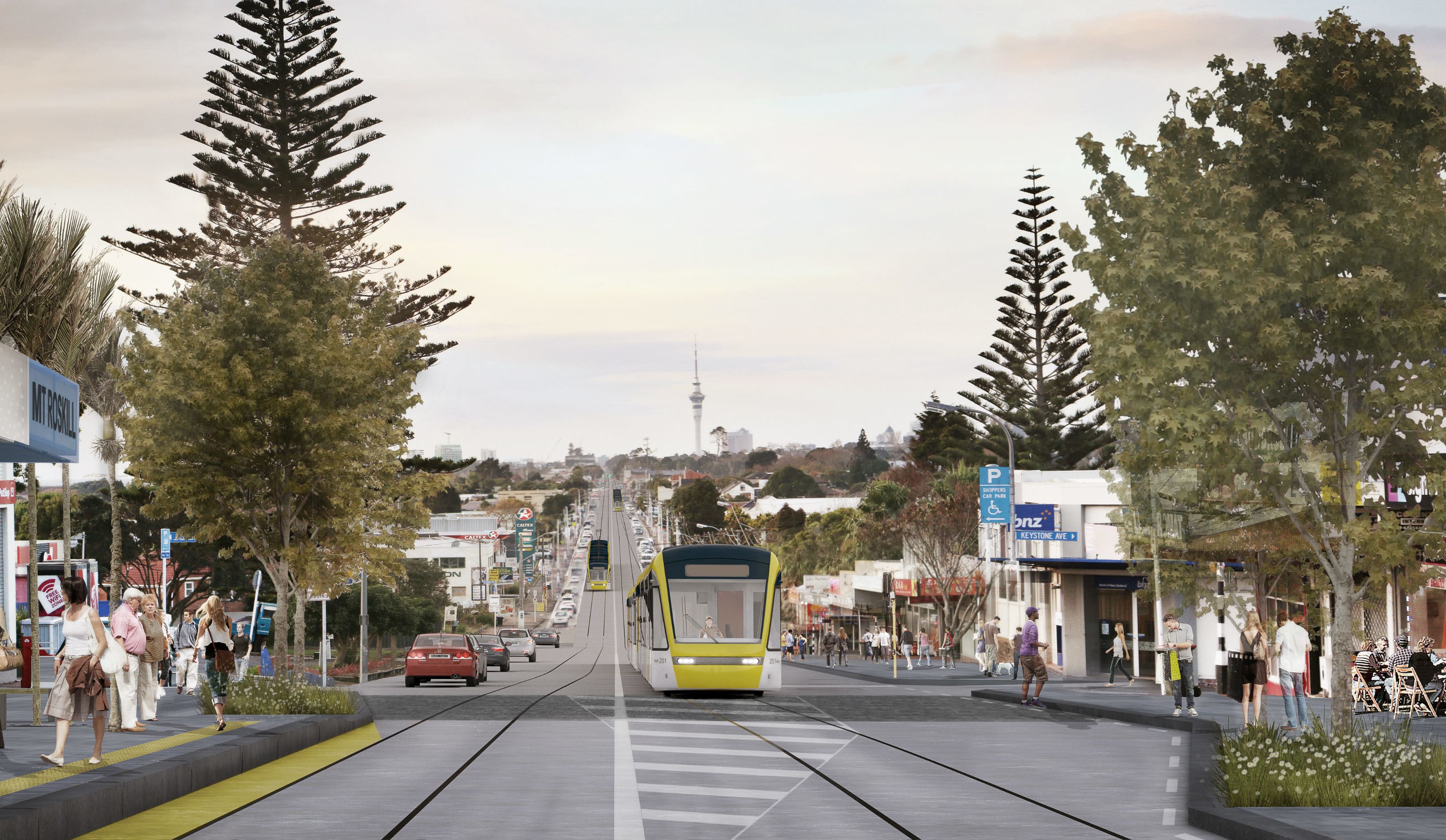 An artists' visualisation for Auckland Transport of light rail in Mt Roskill.