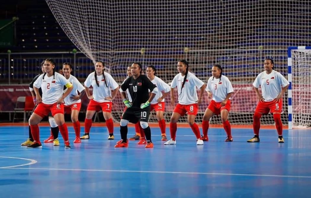 The Tonga women's futsal team lay down a challenge pre-match.